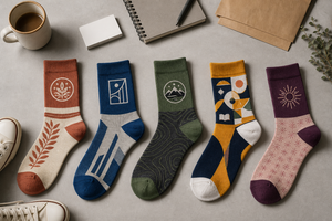 BRNR custom casual sock inspiration with varied fictional lifestyle and corporate graphics