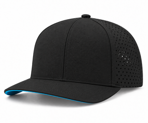Custom Baseball Hat — flat visor, six-panel center seam, perforated panels, no rope