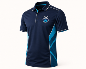Custom athletic golf polo with fictional mountain flame crest