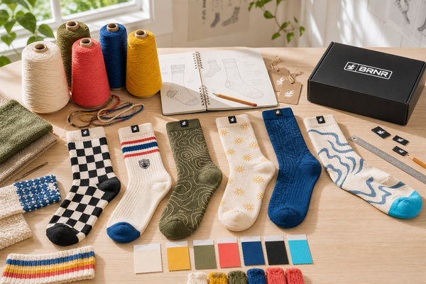 Custom lifestyle sock collection in a bright brand design studio