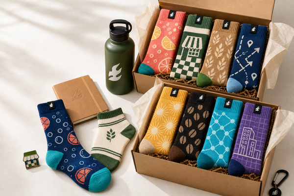 Distinct custom promotional sock patterns in premium swag boxes