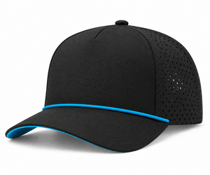 Custom Golf Hat — curved visor, five-panel front, perforated panels, cyan rope