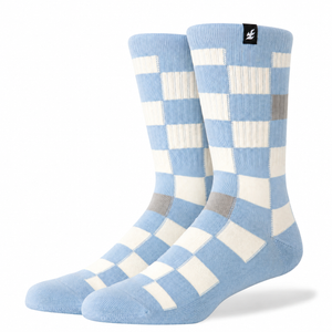 Light blue and cream Checkered Casual Crew socks on a white background